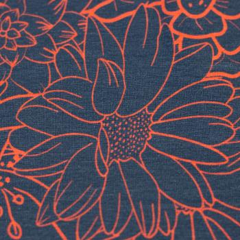 Preview: Baumwolljersey Primavera Blüten Terrakotta auf Dunkelblau by Bienvenido Colorido von Swafing